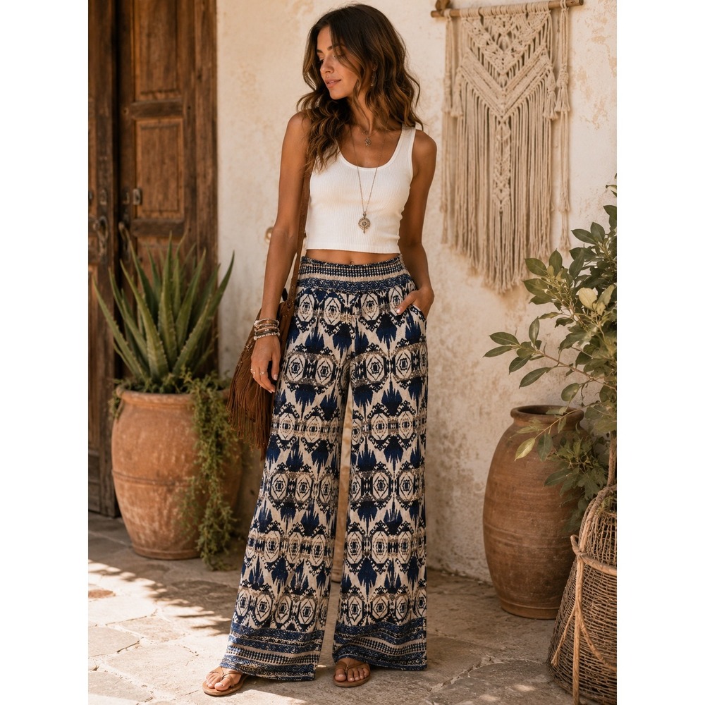 Anthropologie Blue White‎ Wide Leg Pants Boho Bohemian Western Rayon Medium